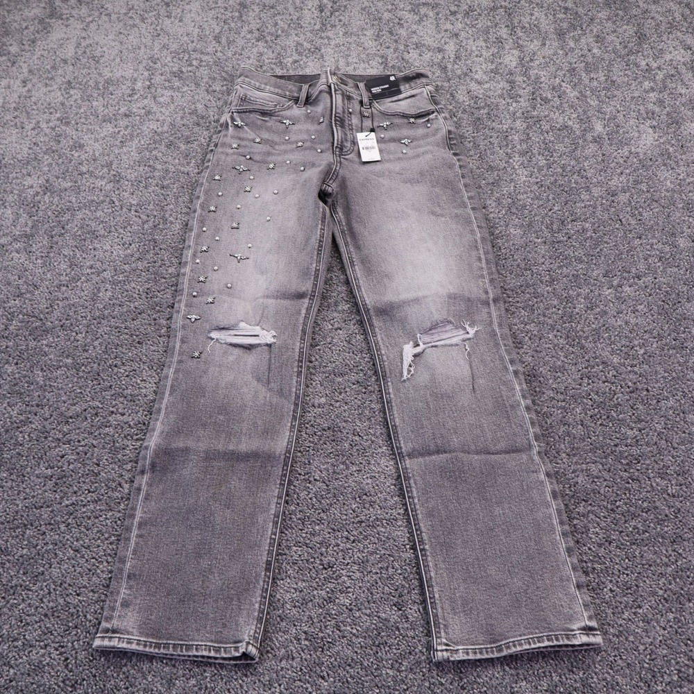 Express Modern Straight Jeans Womens 4R Gray High Rise Embellished Distressed